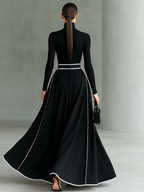 Vestido Maxi Negro con Cuello Alto Manga Larga y Cinturón