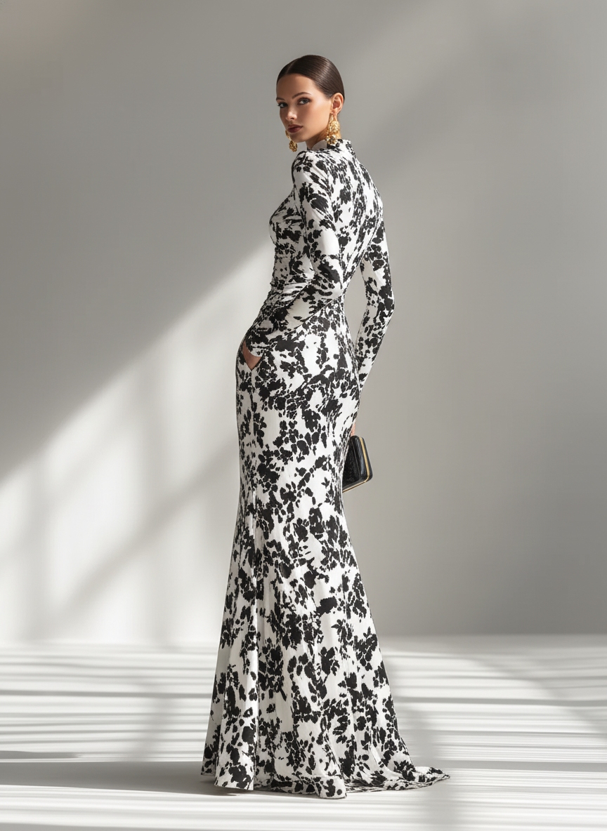 Vestido cruzado elástico estampado en blanco y negro