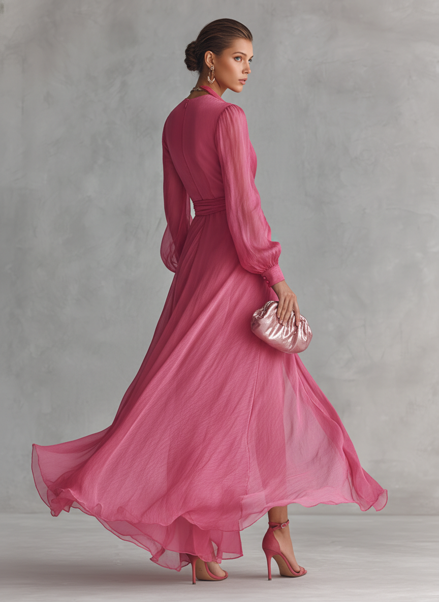 Vestido Maxi de Chifón Perla con Escote en V Elegante