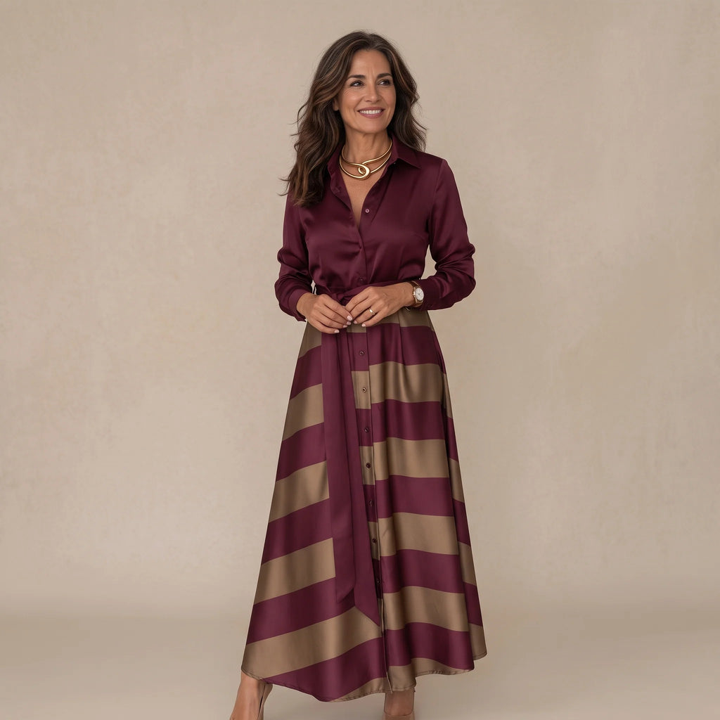 Vestido camisero largo de mujer a rayas con cinturón de lazo