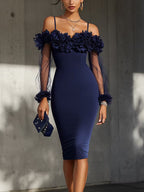 Vestido Midi Entallado con Hombros Descubiertos y Flores 3D