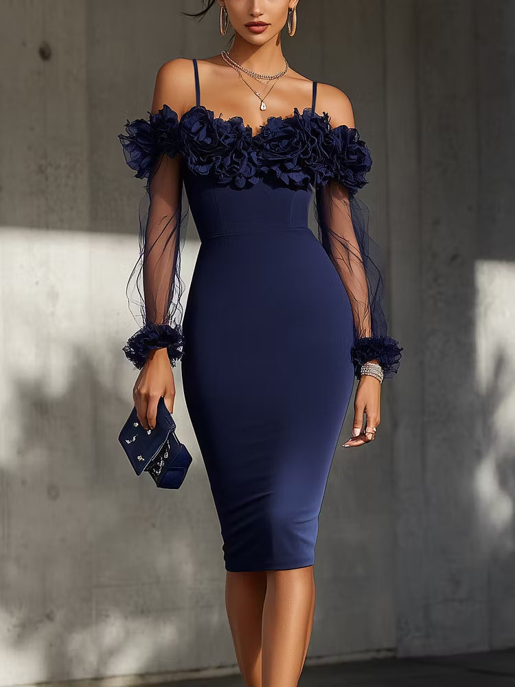 Vestido Midi Entallado con Hombros Descubiertos y Flores 3D