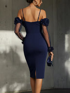 Vestido Midi Entallado con Hombros Descubiertos y Flores 3D