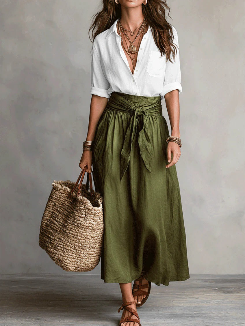 Conjunto de dos piezas con camisa negra y falda midi para mujer
