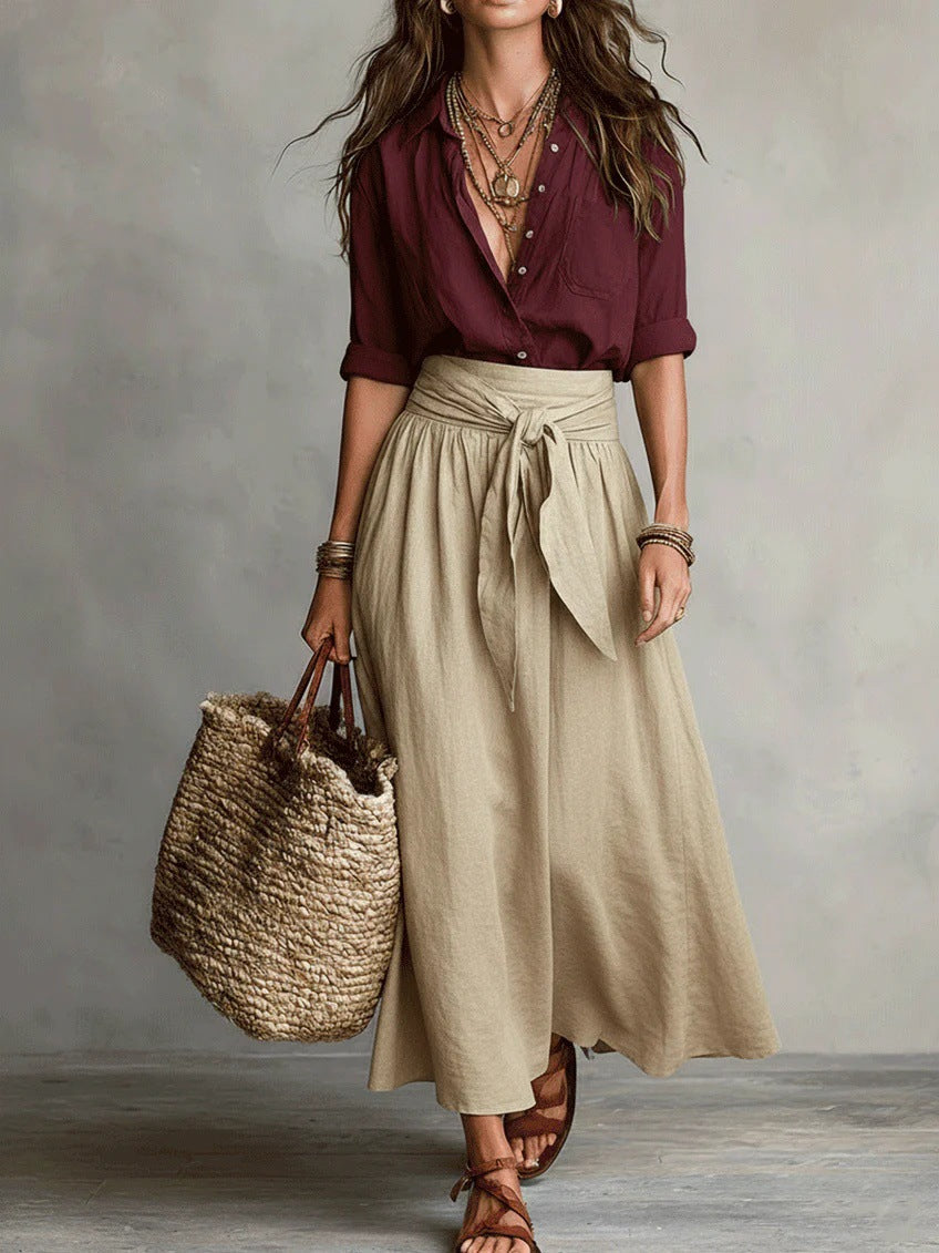 Conjunto de dos piezas con camisa negra y falda midi para mujer