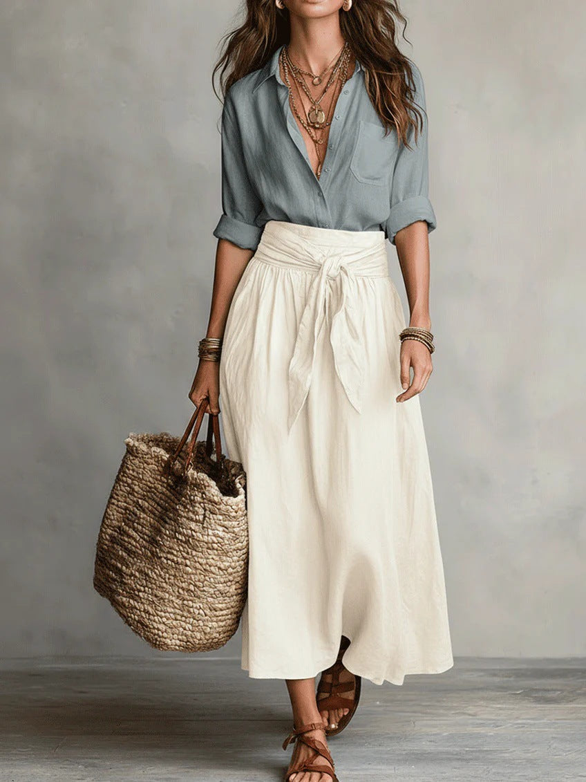 Conjunto de dos piezas con camisa negra y falda midi para mujer
