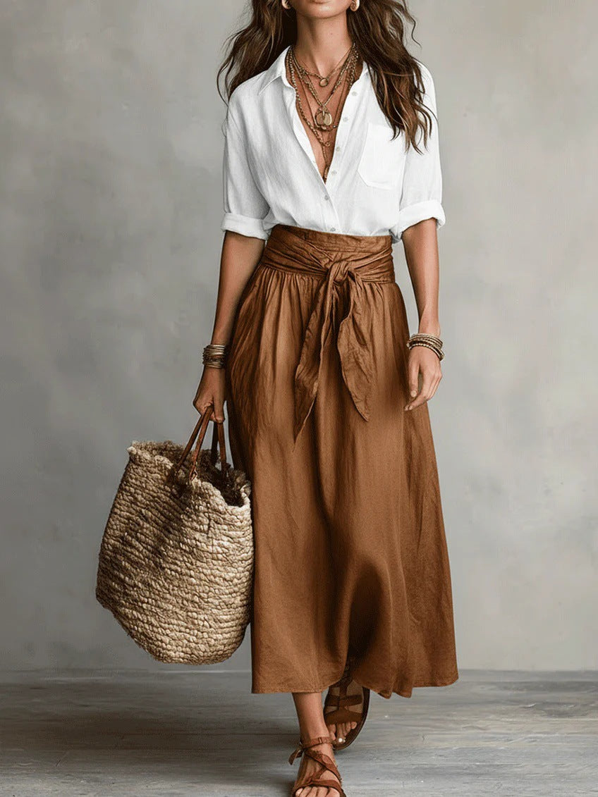 Conjunto de dos piezas con camisa negra y falda midi para mujer