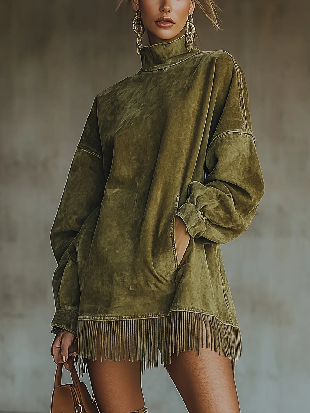Vestido Mini de Ante Sintético con Cuello Alto y Bajo con Flecos