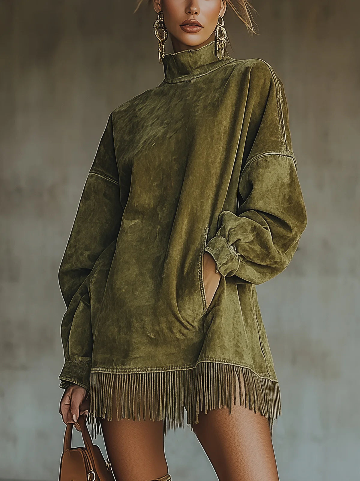 Vestido Mini de Ante Sintético con Cuello Alto y Bajo con Flecos