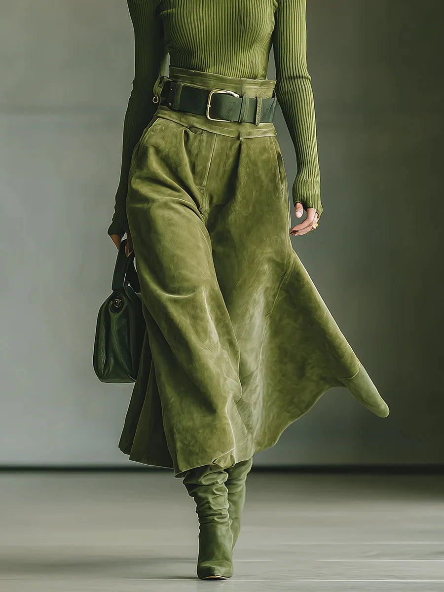 Conjunto Top Verde Oliva con Hombros Descubiertos y Falda de Ante Sintético