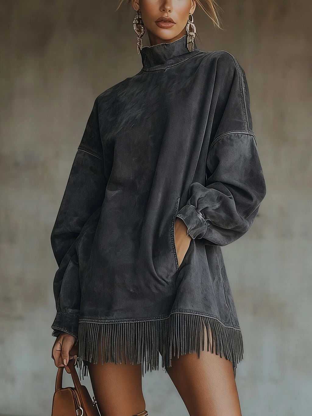 Vestido Mini de Ante Sintético con Cuello Alto y Bajo con Flecos