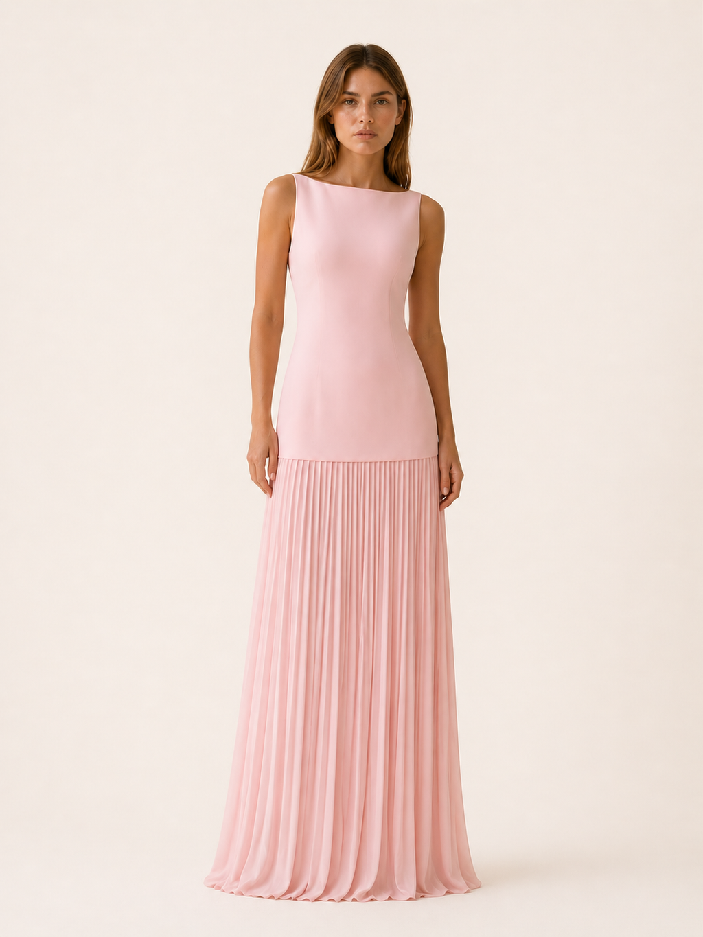 Vestido Largo Plisado Sin Mangas con Escote Barco