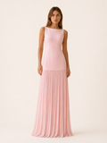 Vestido Largo Plisado Sin Mangas con Escote Barco