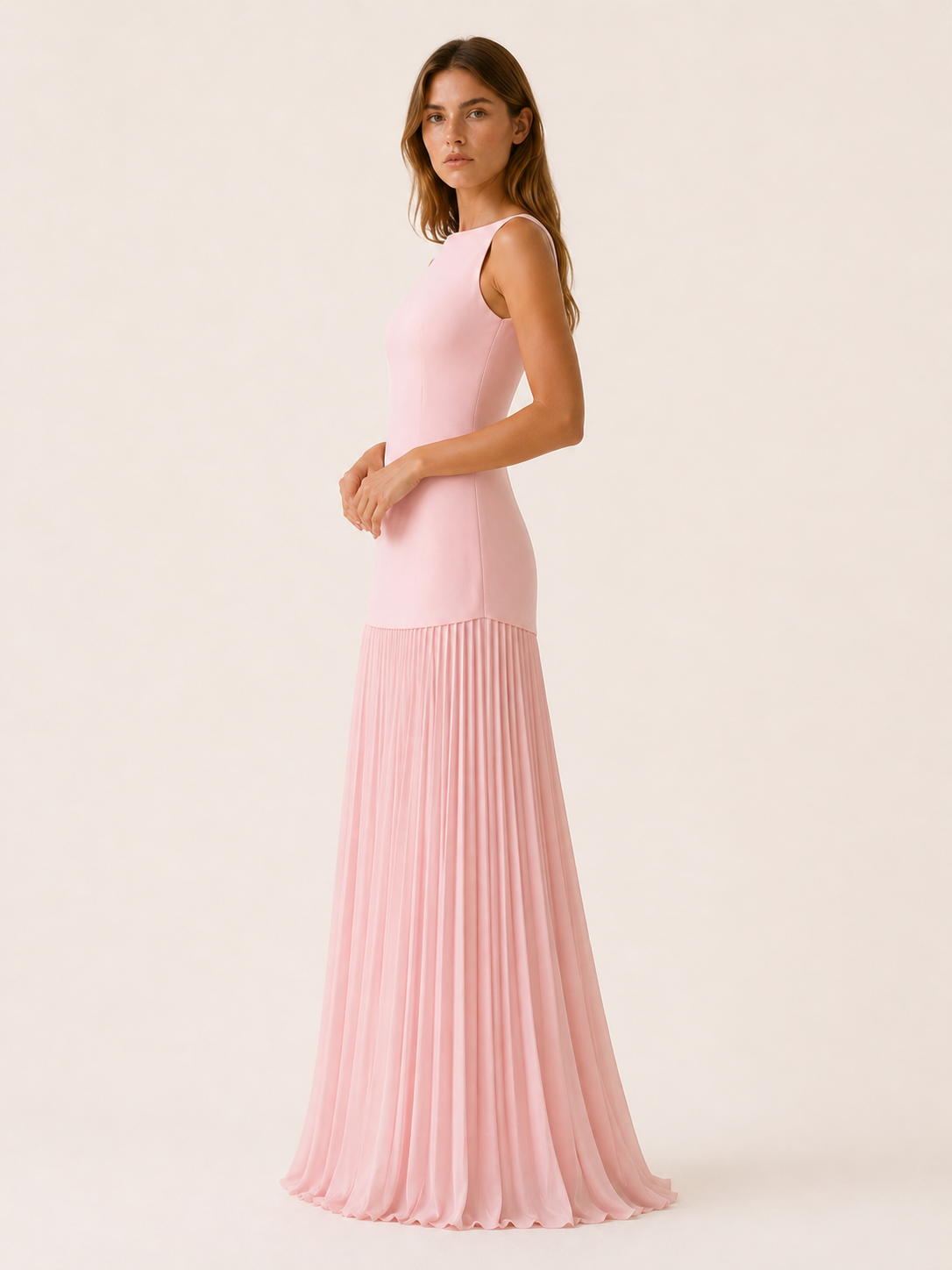 Vestido Largo Plisado Sin Mangas con Escote Barco