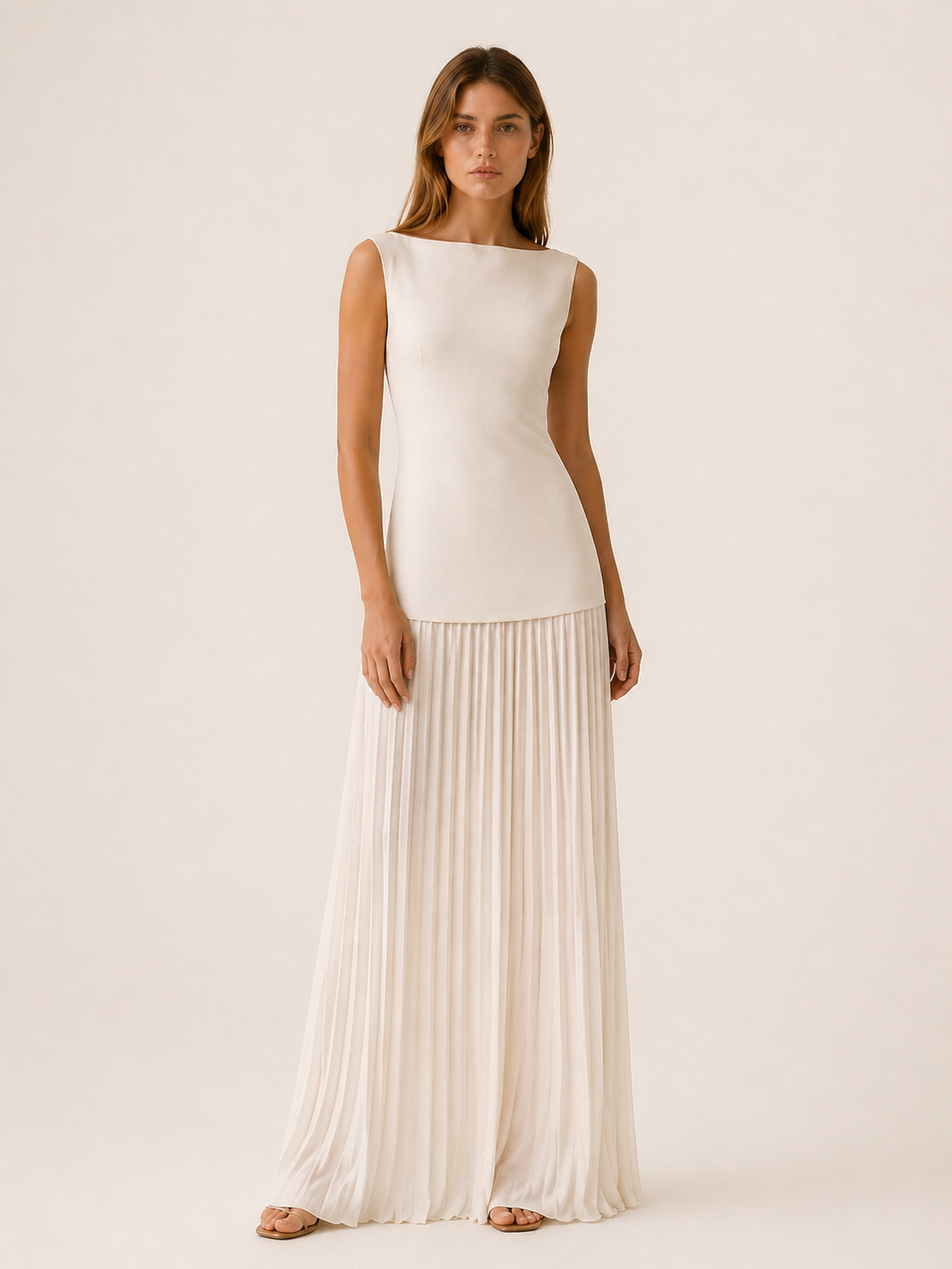 Vestido Largo Plisado Sin Mangas con Escote Barco