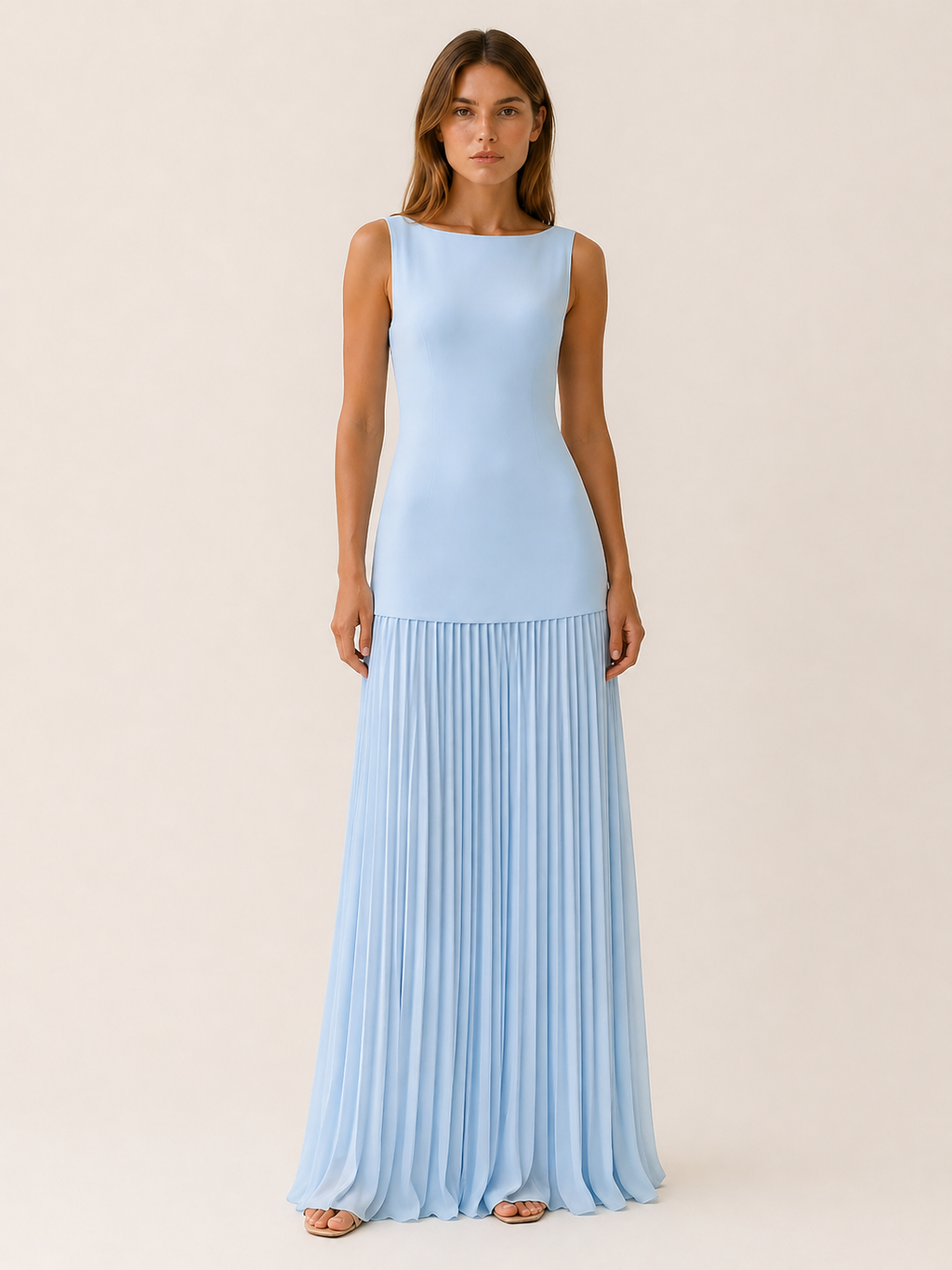 Vestido Largo Plisado Sin Mangas con Escote Barco