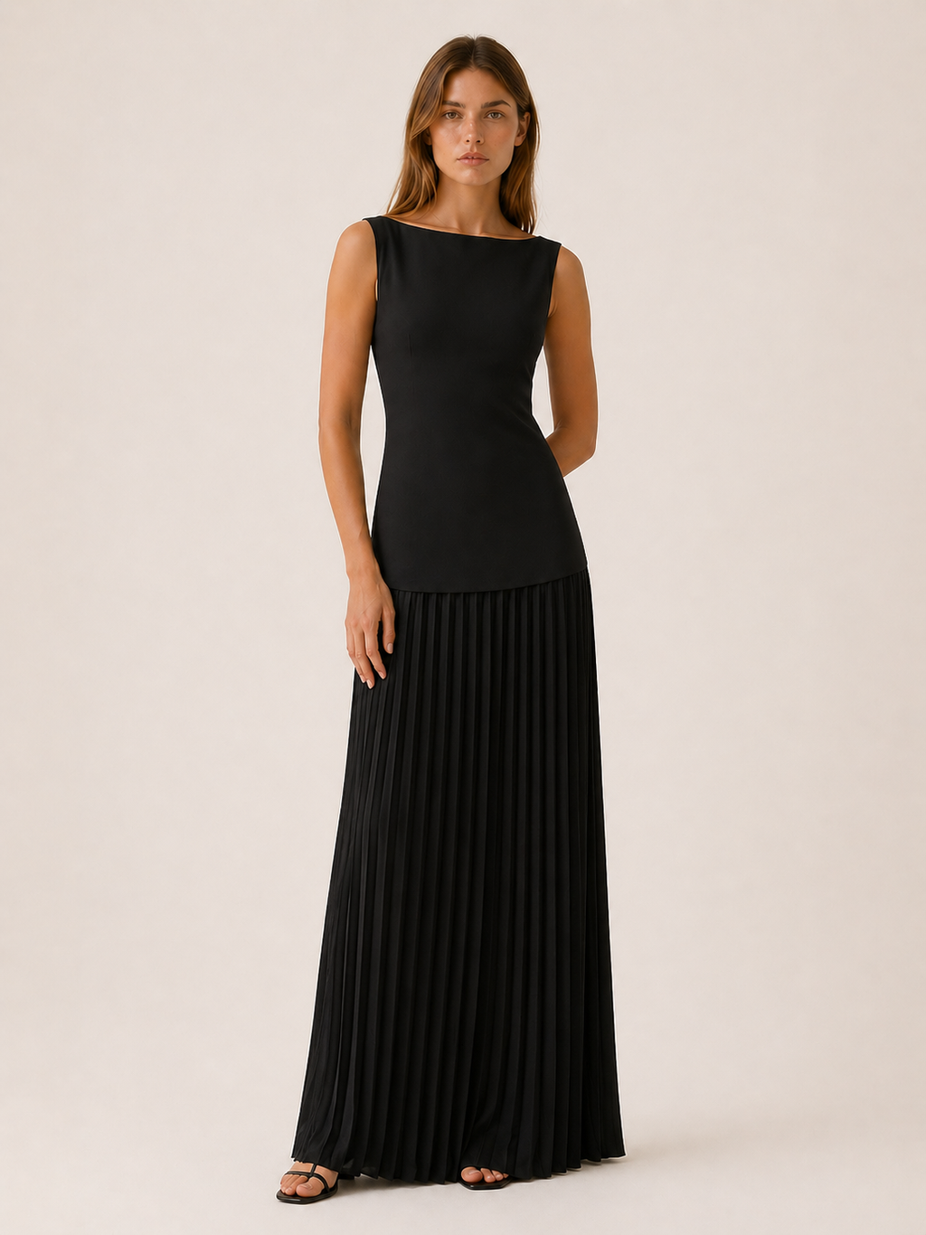 Vestido Largo Plisado Sin Mangas con Escote Barco