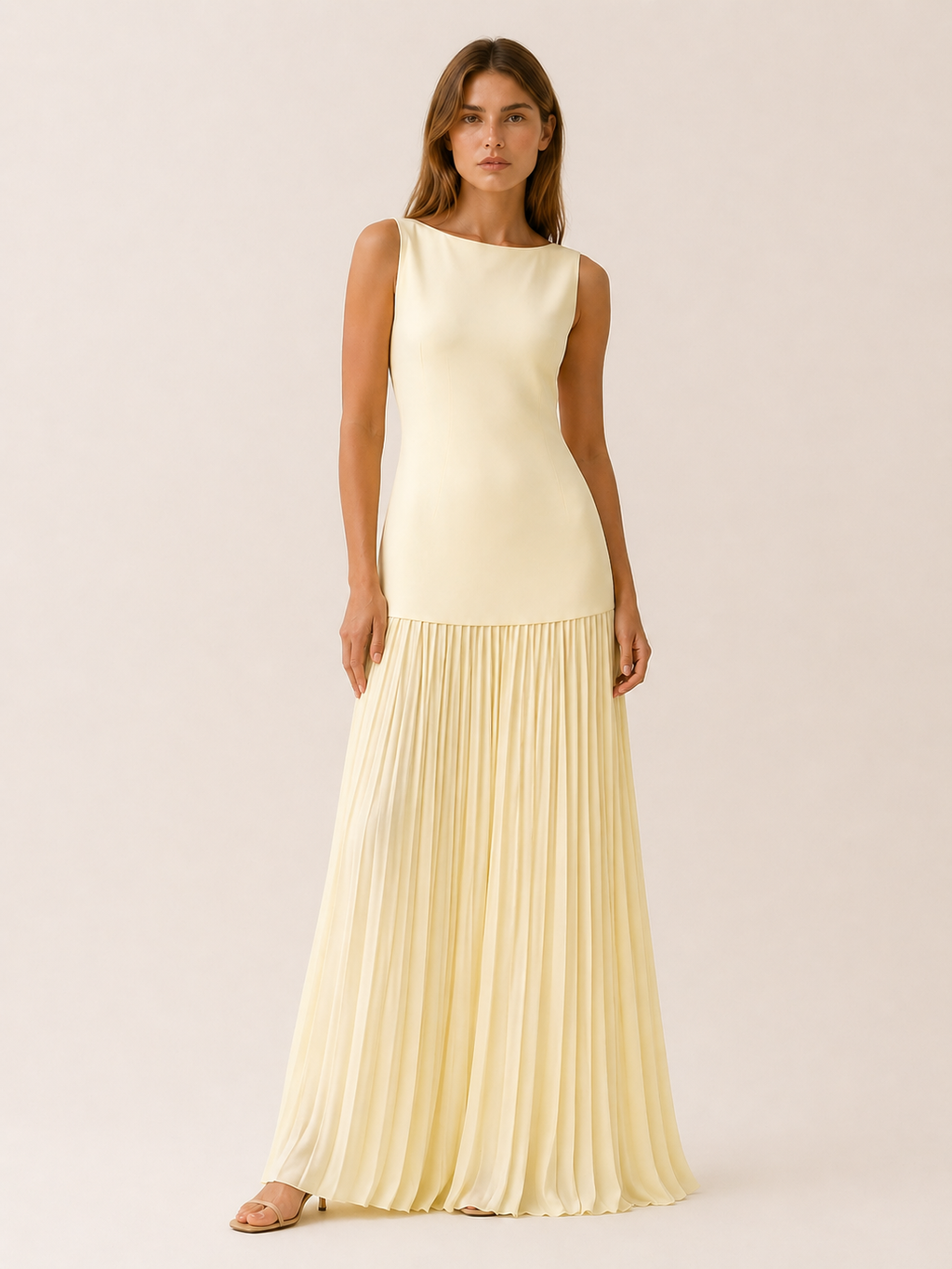 Vestido Largo Plisado Sin Mangas con Escote Barco