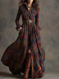 Vestido Maxi Retro a Cuadros Marrón Rojizo con Cuello Solapa
