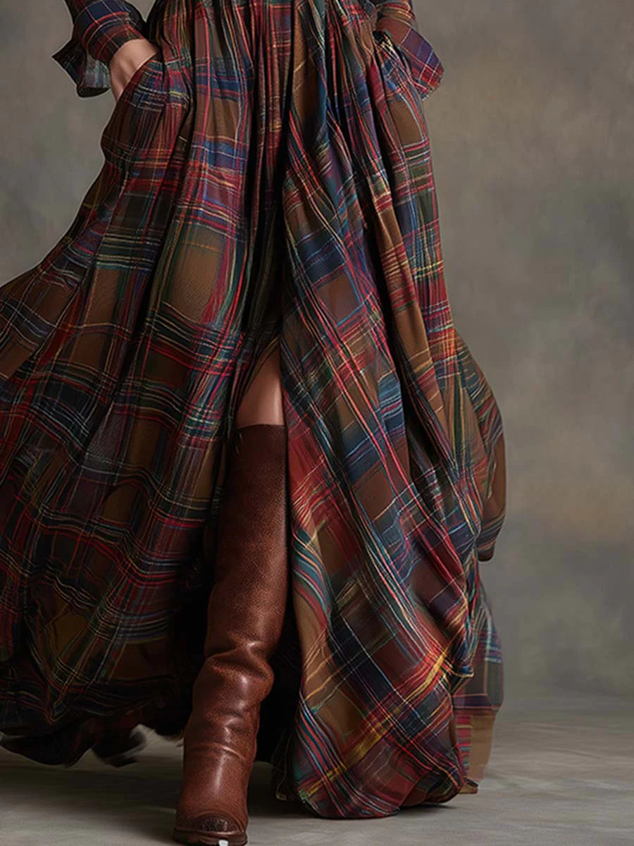Vestido Maxi Retro a Cuadros Marrón Rojizo con Cuello Solapa