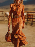 Vestido Maxi Retro de Terciopelo Naranja con Estampado Leopardo y Volantes