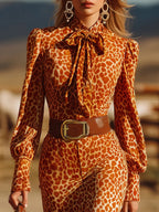 Vestido Maxi Retro de Terciopelo Naranja con Estampado Leopardo y Volantes