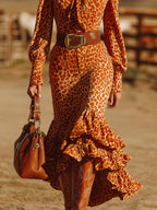 Vestido Maxi Retro de Terciopelo Naranja con Estampado Leopardo y Volantes
