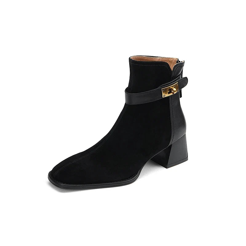 Suede Ankle Boots with Gold Buckle