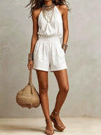 Green Boho Short Romper with Halter Neck and Shirred Waist