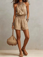 Green Boho Short Romper with Halter Neck and Shirred Waist