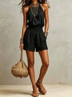 Green Boho Short Romper with Halter Neck and Shirred Waist