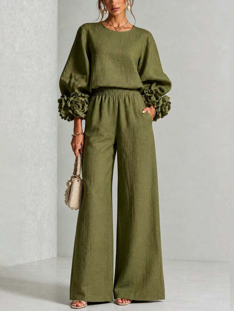 Conjunto de Top con Puños Florales y Pantalón Ancho