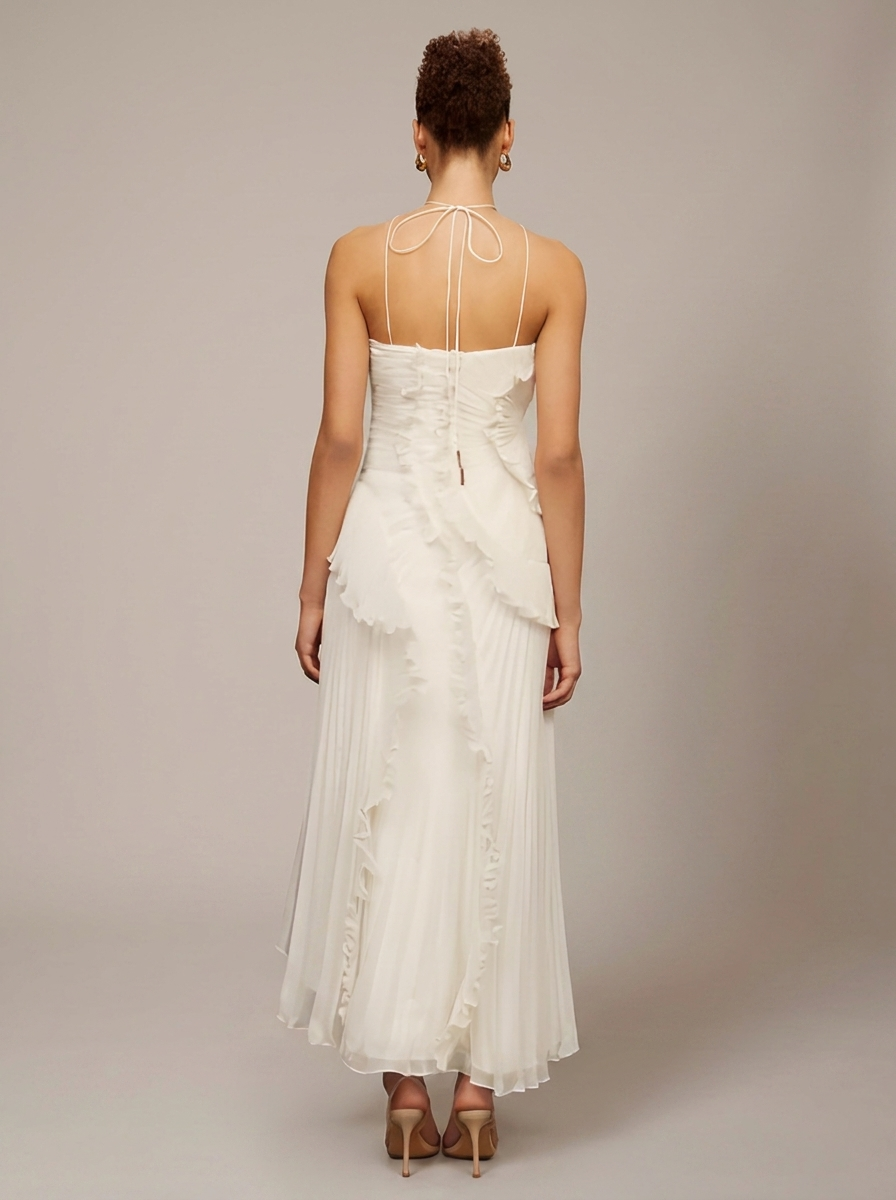 Vestido Maxi cuello halter plisado asimético