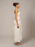 Vestido Maxi cuello halter plisado asimético