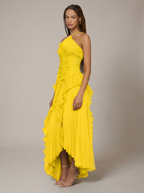 Vestido Maxi cuello halter plisado asimético