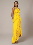 Vestido Maxi cuello halter plisado asimético
