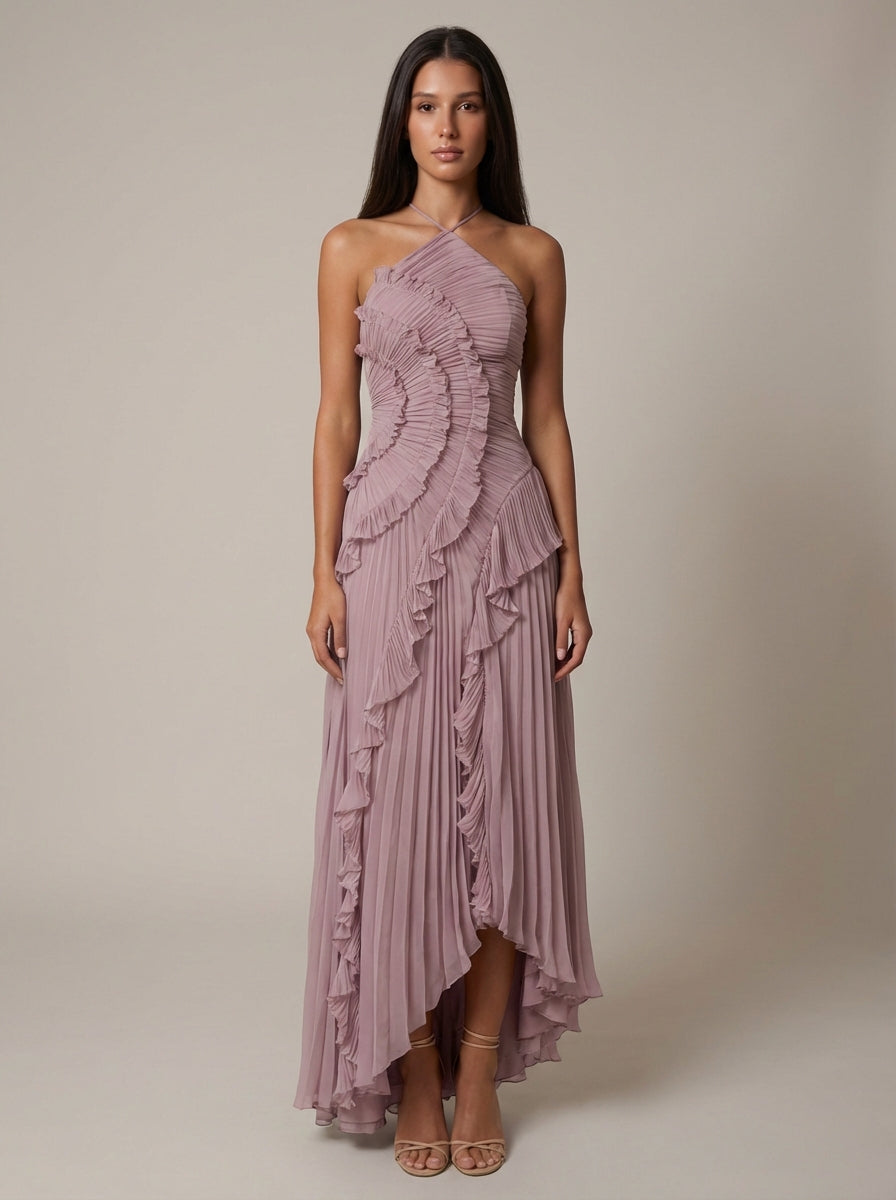 Vestido Maxi cuello halter plisado asimético