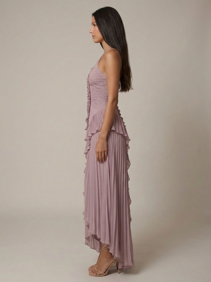 Vestido Maxi cuello halter plisado asimético