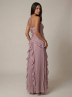 Vestido Maxi cuello halter plisado asimético