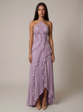 Vestido Maxi cuello halter plisado asimético