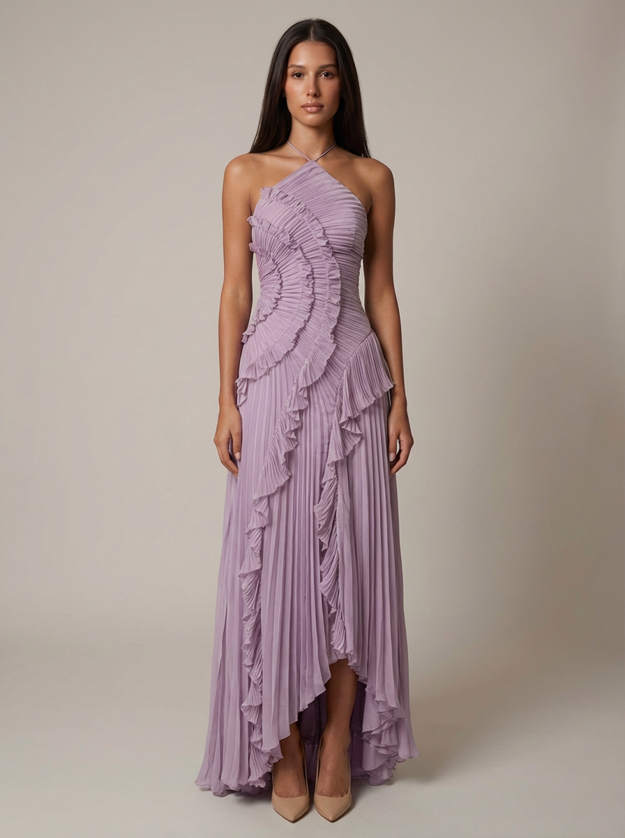 Vestido Maxi cuello halter plisado asimético