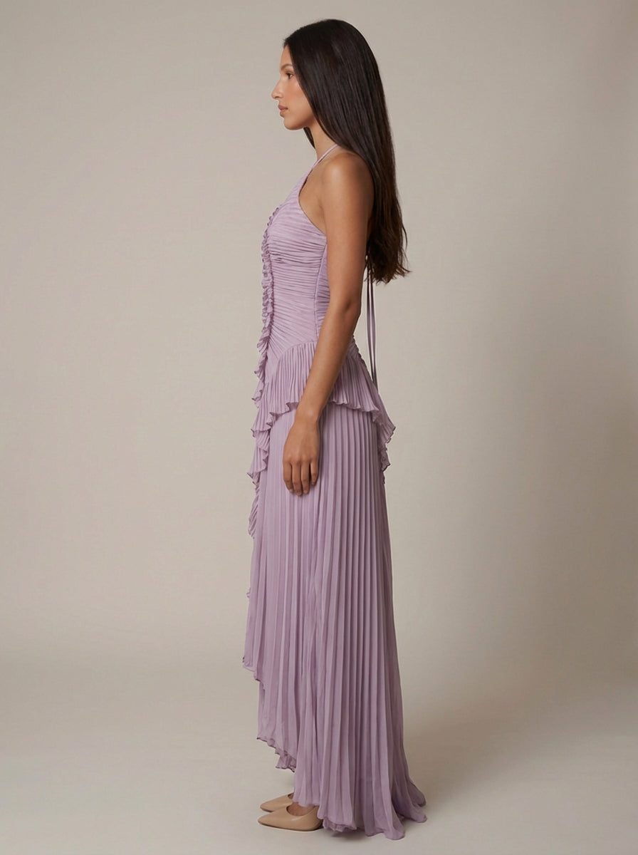 Vestido Maxi cuello halter plisado asimético