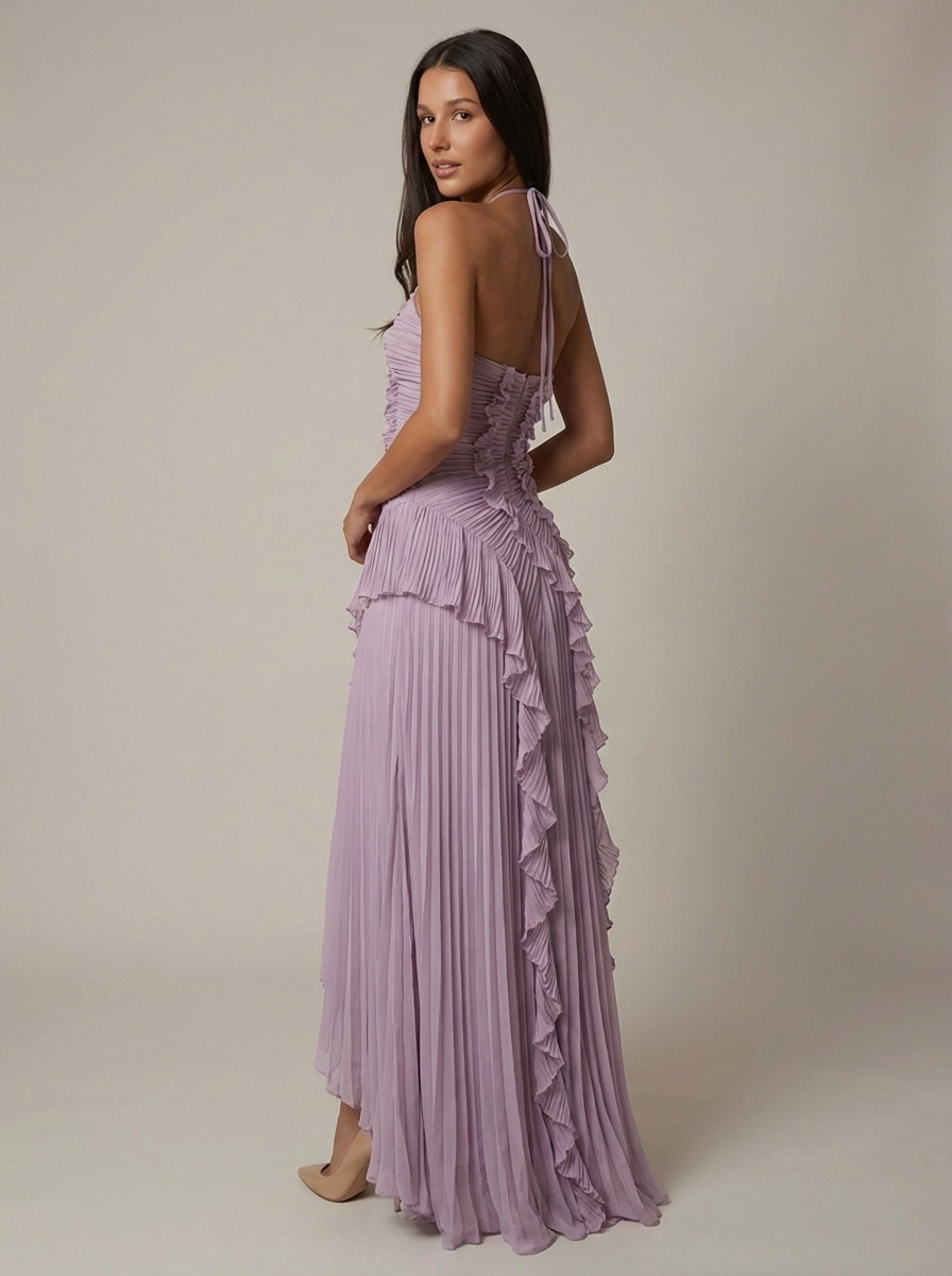 Vestido Maxi cuello halter plisado asimético
