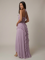 Vestido Maxi cuello halter plisado asimético