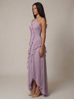 Vestido Maxi cuello halter plisado asimético