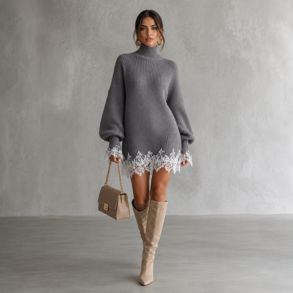 Vestido Corto de Punto con Cuello Alto y Encaje