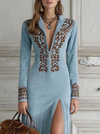Vestido Maxi de Ante Sintético Western con Bordado y Flecos