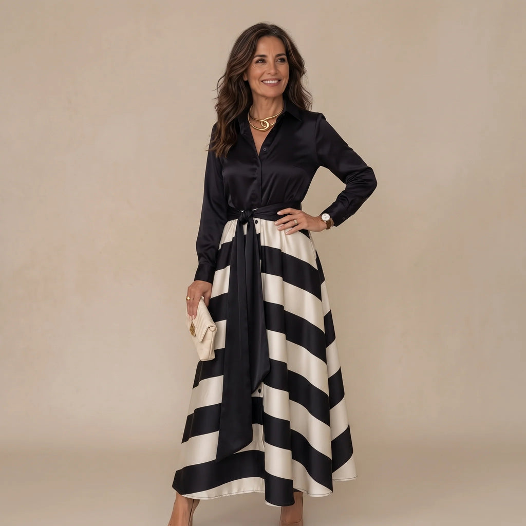 Vestido camisero largo de mujer a rayas con cinturón de lazo