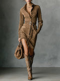 Midi Suede Dress with Lapel Collar and Single Breasted Closure
