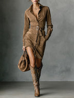 Midi Suede Dress with Lapel Collar and Single Breasted Closure